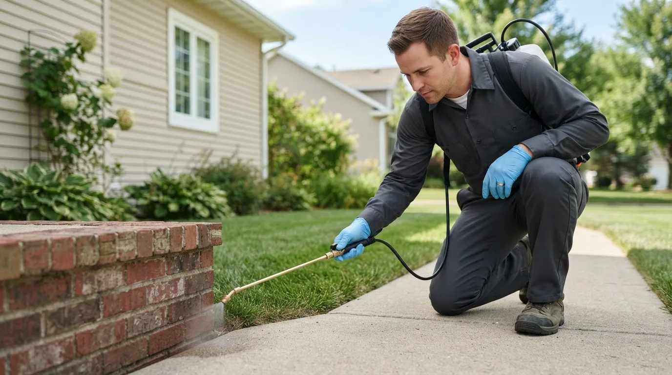 Pest control technician treating a home near Puxico, MO